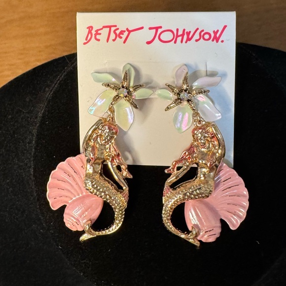 Betsey Johnson Pink Mermaid Starfish Seashell Crystal Flower Dangle Earrings - Picture 4 of 7